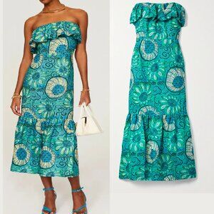 NEW $545 RHODE  THEA STRAPLESS LINEN MIDI DRESS IN AQUATIC BLOOM SIZE 14